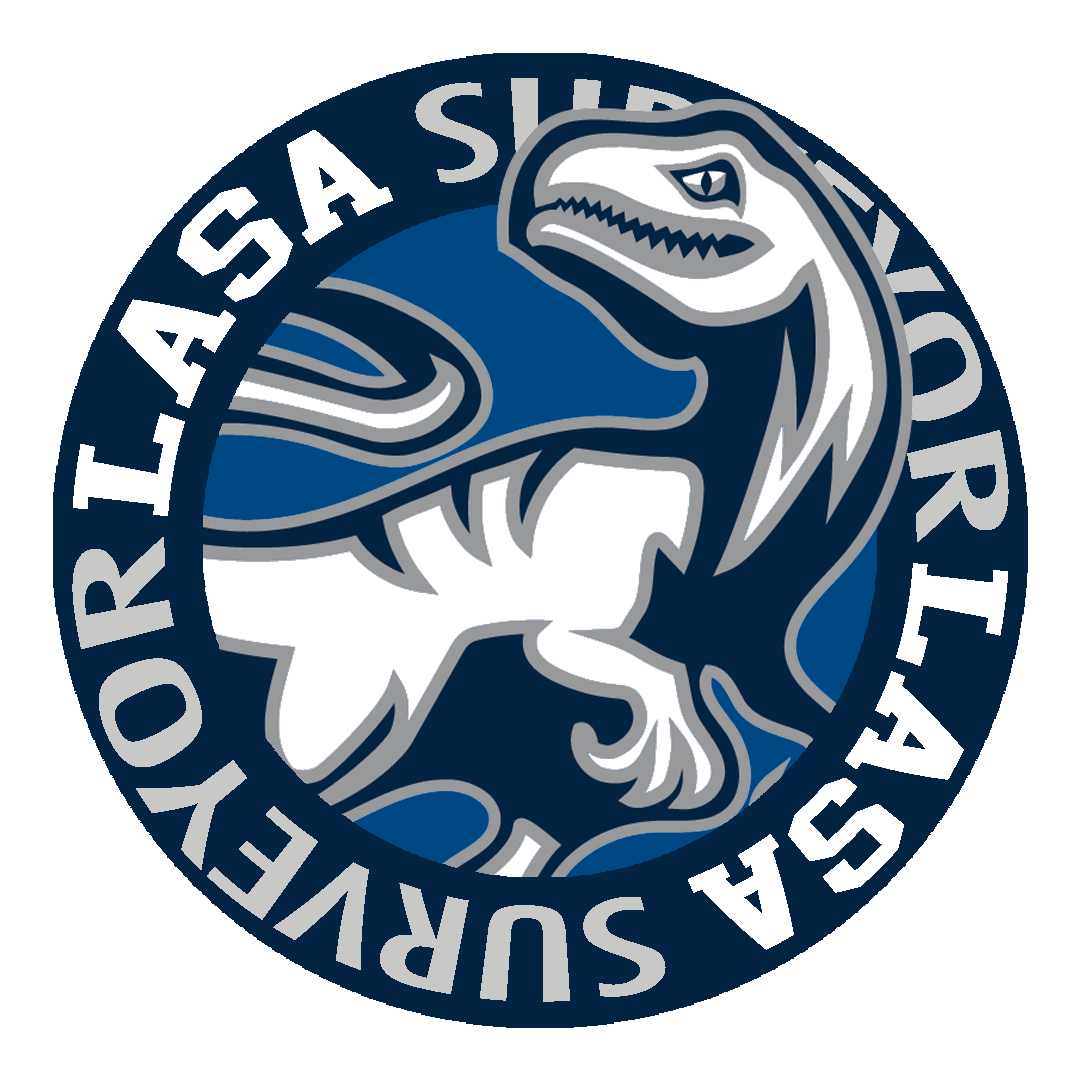 The circular LASA Surveyor Seal with a navy blue, grey, and white raptor in the middle.